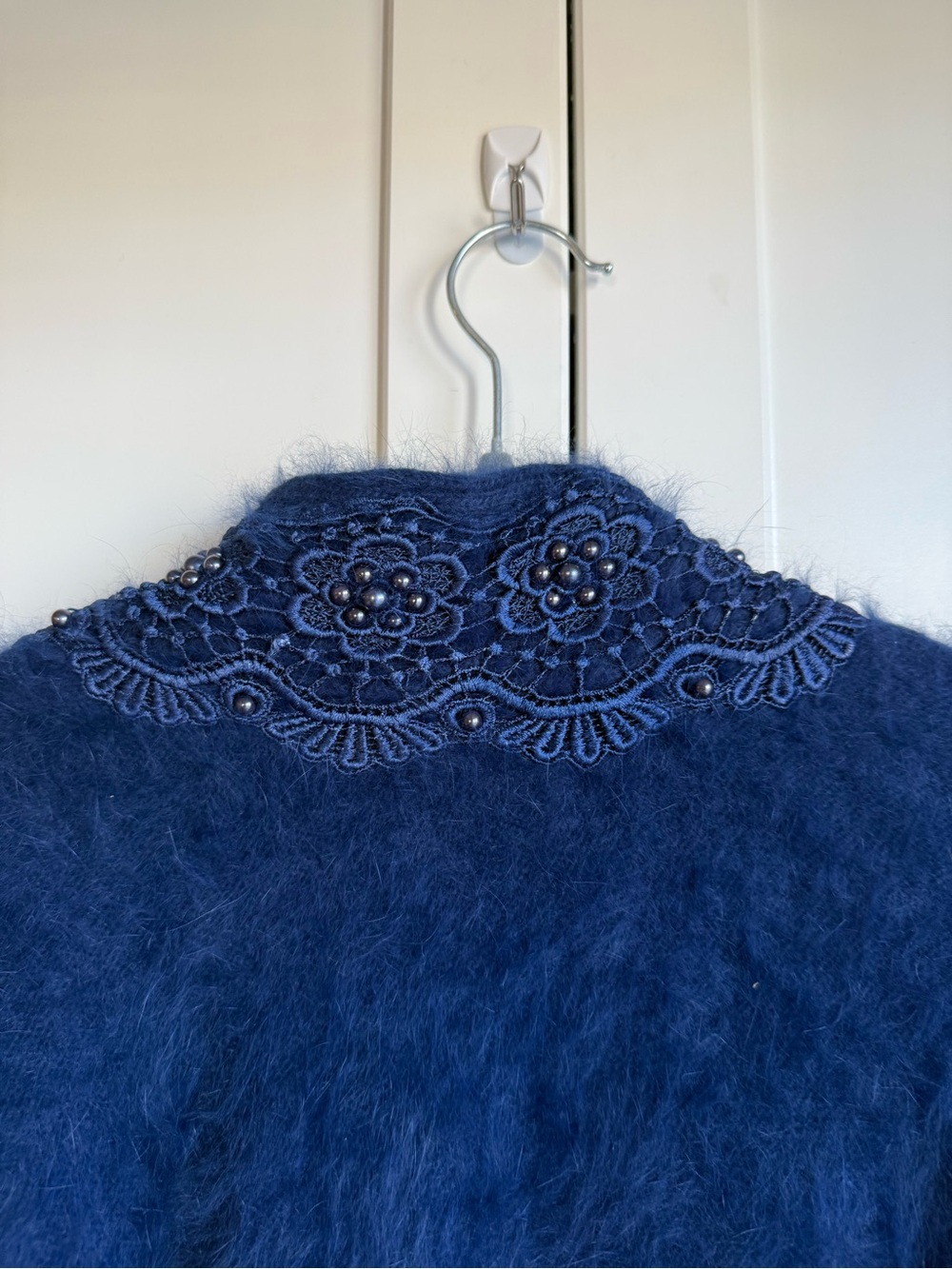 Vintage 80s Rosa Surk Young Cobalt Blue Angora Beaded Long Cardigan | Free Size - Picture 7 of 12